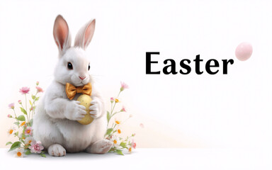 Poster - A fluffy white rabbit with a golden bow tie holds a decorated egg, surrounded by delicate pink flowers, creating a festive spring scene.