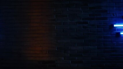 Poster - Vibrant neon lights with an illuminate urban tunnel empty a brick wall, creating a futuristic and atmospheric space background Copy space for text video 4k