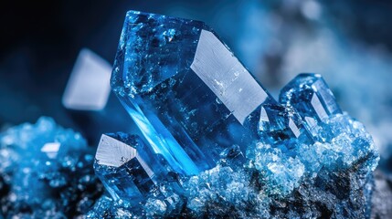 Poster - Close-up of stunning blue crystal formations glistening against a blurred, shimmering background