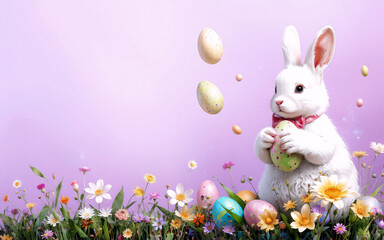 Aufkleber - A white bunny with a red bow tie holds Easter eggs among spring flowers. A festive scene with a soft purple background.