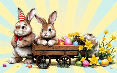 Poster - Festive Easter scene with three bunnies. One bunny wears a party hat and red bow tie, another is in a wooden cart filled with colorful eggs, and flowers are blooming around.