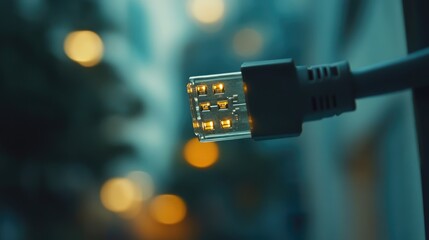 Poster - Close-up of an illuminated Ethernet cable connector against a blurred city background with bokeh lights