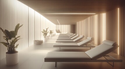 Poster - An empty spa room featuring lounge chairs in bright lighting