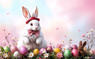 Poster - A fluffy white bunny with a red hat and bow tie sits amongst colorful Easter eggs and flowers in a meadow against a soft pastel sky with a brown rabbit.