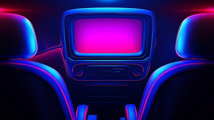 Interior view of a vehicle displaying vibrant colors and glowing lights