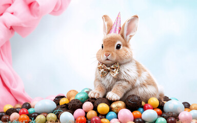 Poster - Cute bunny with a party hat and bow tie is perched on a colorful pile of Easter eggs. Soft pastel background for a spring festive feeling.