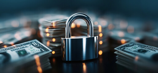 Leinwandbilder - A silver padlock rests on a dark surface surrounded by bundles of money, symbolizing safety and privacy in banking. The scene conveys a strong emphasis on securing financial resources.
