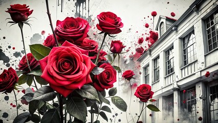 Poster - Elegant Black Rose Silhouettes & Ink Splashes - Abstract Architectural Photography