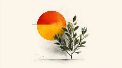 Poster - Sunrise Silhouette: A serene illustration features a vibrant sun in a gradient of orange and yellow, casting its glow upon a delicate branch with lush green leaves.
