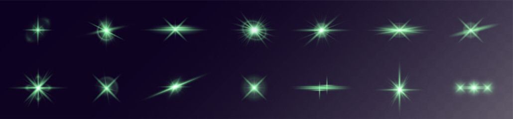 Poster - brilliant green glowing light effect with sparkling stars, radiant flares, and magical bursts. perfe