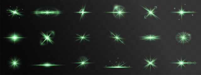 Poster -  brilliant green glowing light effect with sparkling stars, radiant flares, and magical bursts. Perfect for celebrations, festive designs, fantasy visuals, and abstract luminous backgrounds. Vector