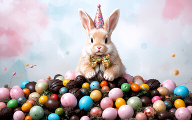 Poster - A cute bunny wearing a party hat and bow tie sits atop a mound of colorful Easter eggs against a soft pastel backdrop, creating a festive and cheerful spring scene.