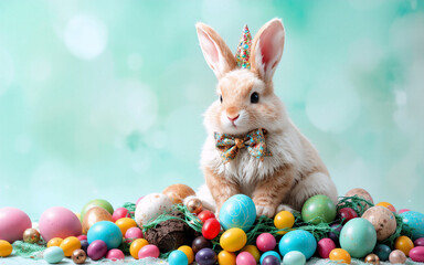 Poster - Cute bunny with bow tie and unicorn horn surrounded by colorful Easter eggs and candy. Festive spring decoration with bokeh background.