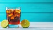© Sonya - Ice tea in glass with lime slices on wooden table against blue backdrop
