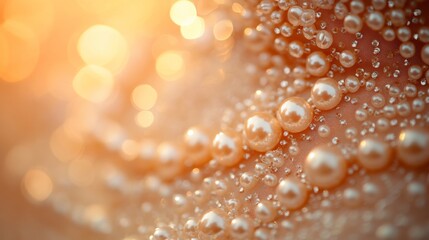 Poster - Delicate pearls glisten on a soft fabric, illuminated by warm golden light. The scene captures the refined texture and shimmering beauty, evoking luxury and elegance in a harmonious arrangement.