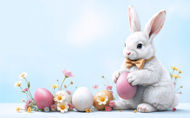Aufkleber - Fluffy white bunny wearing a bow tie holds a decorated egg. Easter eggs and spring flowers are scattered around the rabbit against a soft blue backdrop.