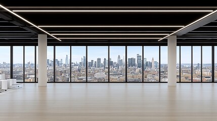 Poster - A modern empty office space showcasing urban city skyline views