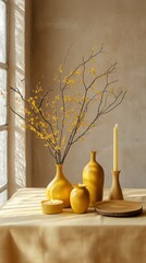 Aufkleber - Warm yellow pottery pieces and delicate branches adorned with flowers create a tranquil still life setup in a sunlit room. The natural light enhances the calming ambiance