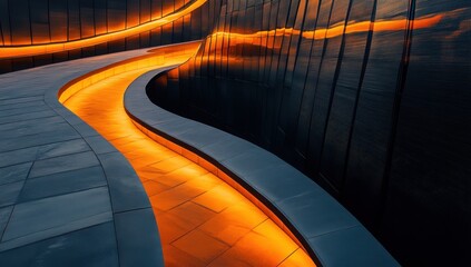 Poster - An elegant, curved path illuminated by orange lights leads to the luxurious facade of the building at dusk. Smooth curves with reflective surfaces of modern architecture.