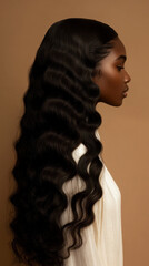 Poster - Captured in a serene atmosphere, a woman showcases her long, luxurious wavy hair cascading elegantly down her back, accentuating her graceful profile against a warm background