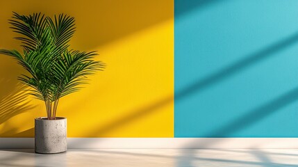 Poster - Vibrant Indoor Space Featuring Yellow and Blue Walls with a Potted Plant in Sunlit Room