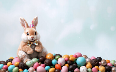 Poster - A cute bunny with a party hat and bow tie is sitting surrounded by a pile of colorful Easter eggs.  A festive and joyful spring celebration image.