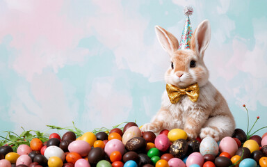 Poster - A cute bunny with a festive hat and bow tie sits amidst colorful Easter eggs against a soft pastel background, celebrating spring and holidays.