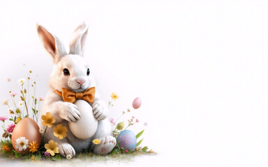 Poster - Fluffy white rabbit with a bow tie sitting with decorated Easter eggs and spring flowers, celebrating the holiday on a white background.