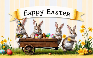 Poster - Four bunnies, one with a party hat, pull a wooden cart overflowing with colorful Easter eggs through a field of daffodils. Striped backdrop, Easter theme.