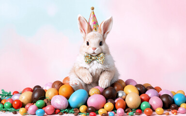 Poster - A cute bunny with a party hat and bow tie is perched on a pile of colorful Easter eggs against a soft pastel background.