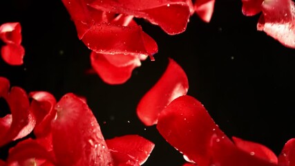 Poster - Super Slow Motion of Falling Rose Petals with Water Drops on Black Background. Camera Placed on High Speed Cine bot, Rotating Around. Filmed on High Speed Cinema Camera, 1000 fps.