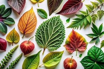 Poster - Flat Lay Botanical Illustration: Elegant Leaves on White Background - Stock Photo
