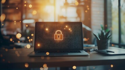 Laptop with a digital lock icon on the screen, symbolizing cybersecurity.