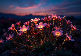 Canvas Print - glowing pink flowers bloom at dusk, illuminated against a dark landscape under a colorful twilight s