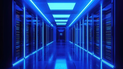 Poster - High-tech server room illuminated by vibrant blue lights, featuring modern data racks. Ideal for technology, cloud computing, cybersecurity, and network infrastructure themes