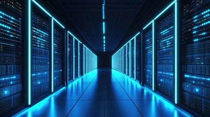 Poster - Advanced data center corridor with glowing blue-lit server racks, representing high-tech computing, cybersecurity, and cloud infrastructure. Ideal for digital technology concepts