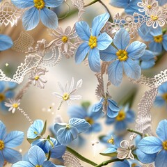 Poster - vibrant blue flowers intertwined with delicate lace create a serene and elegant display in a springt