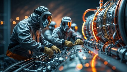 Poster - engineers working on complex machinery in a high-tech facility during evening hours
