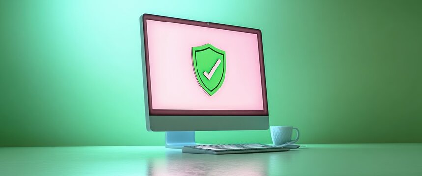 Secure Login Access with Cartoon Computer Monitor, Keyboard, and Shield Icon for Password Protection and Verification