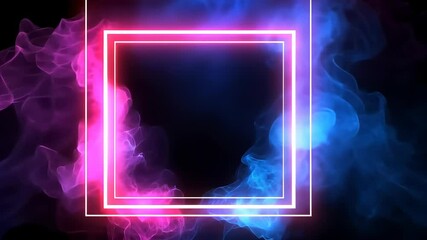 Poster - electric view of a stylish front shining square frame empty space. Dark neon magenta, dark electric blue background video 4k