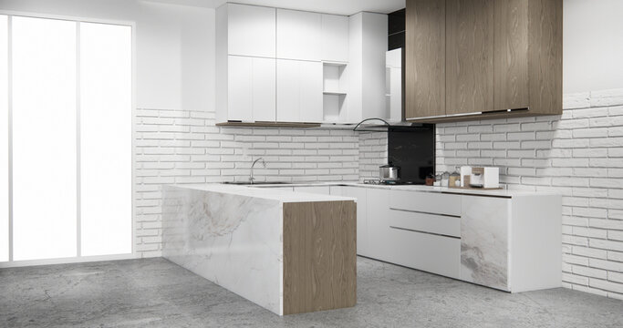 white brick wall modern loft style on kitchen counter scene mockup kitchen bar and set shaped kitchen design. 3d rendering