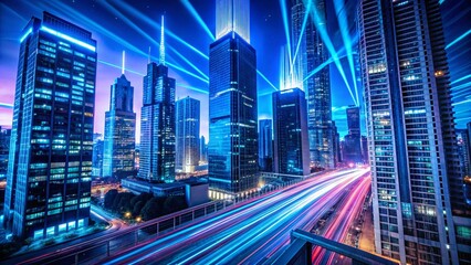 Poster - Futuristic Cityscape: Blue Neon Energy Trails & Cyberpunk Architecture
