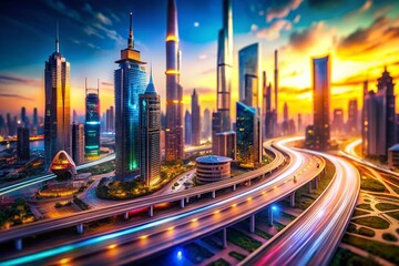 Poster - Futuristic Speed Lines: Tilt-Shift Cityscape of Innovation