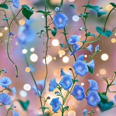 Poster - Colorful blue flowers cascading down with glowing lights in a soft background during a summer evening