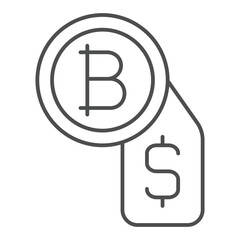 Poster - Bitcoin and dollar price tag thin line icon, finance concept. Vector graphics. Dollar badge with coin sign on white background, outline style icon for mobile or web design.