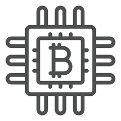 Fototapete - Bitcoin processor chip line icon, mining data concept. Vector graphics. Integrated circuit microchip with coin sign on white background, outline style icon for mobile or web design.