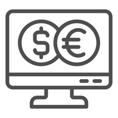 Poster - Monitor screen with two coins line icon, banking concept. Vector graphics. Display with dollar and euro sign on white background, outline style icon for mobile or web design.