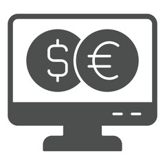Poster - Monitor screen with two coins solid icon, banking concept. Vector graphics. Display with dollar and euro sign on white background, glyph style icon for mobile or web design.