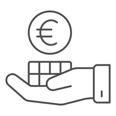 Poster - Coins stack on hand thin line icon, finance concept. Vector graphics. Hand palm with euro coin sign on white background, outline style icon for mobile or web design.