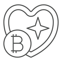 Poster - Shiny heart shape with bitcoin thin line icon, finance concept. Vector graphics. Heart and coin sign on white background, outline style icon for mobile or web design.